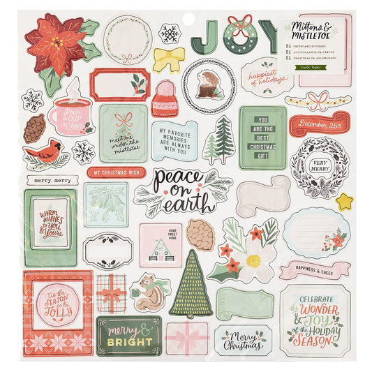 Mittens & Mistletoe Chipboard Stickers 12"X12" 51/Pkg-Icons & Phrase