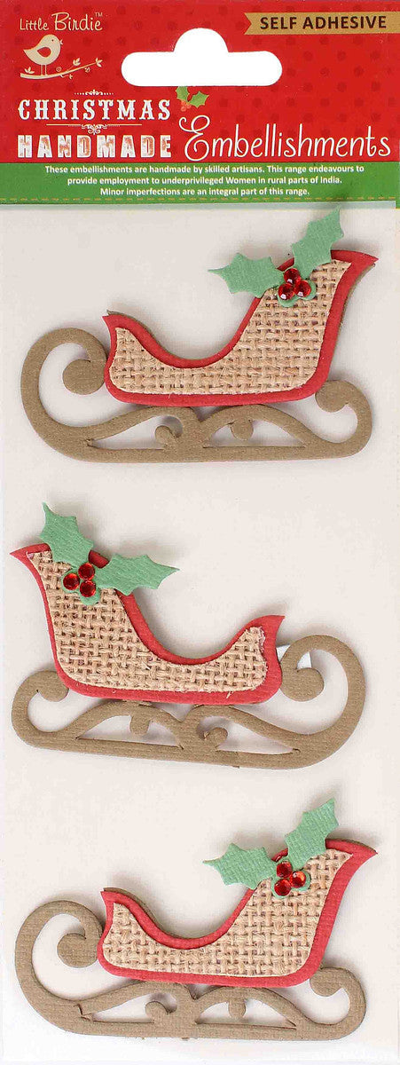 Little Birdie Christmas Burlap Sticker Embellishment 3/Pkg-Sleigh