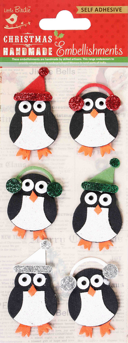 Little Birdie Christmas Glitter Sticker Embellishment 6/Pkg-Winter Penguin