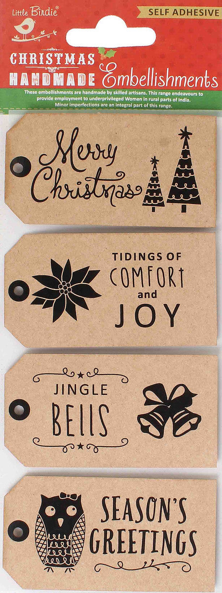 Little Birdie Kraft Printed Tags 4/Pkg-Comfort and Joy